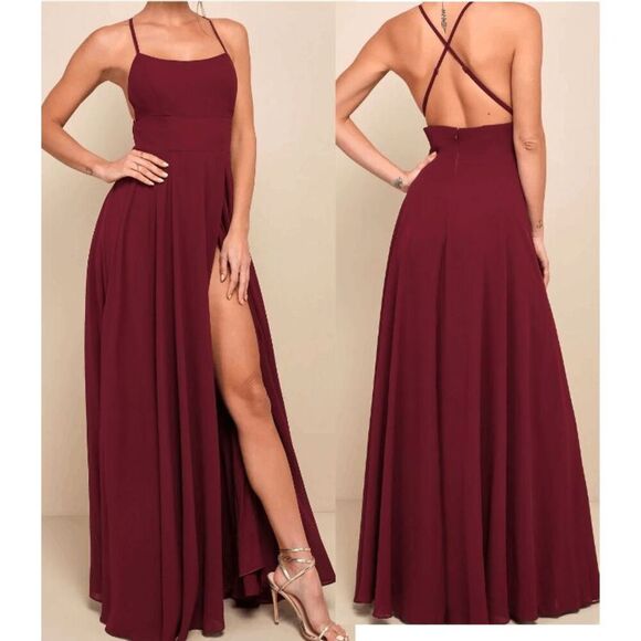 Lulus Burgundy Backless Maxi Dress S Crisscross Spaghetti Strap Slit - Picture 1 of 11